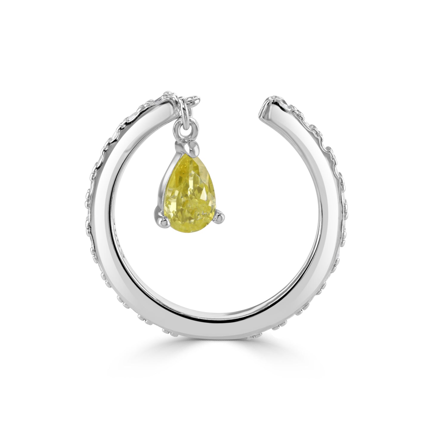Adjustable silver ring featuring cubic zirconia accents and a dangling yellow teardrop stone.