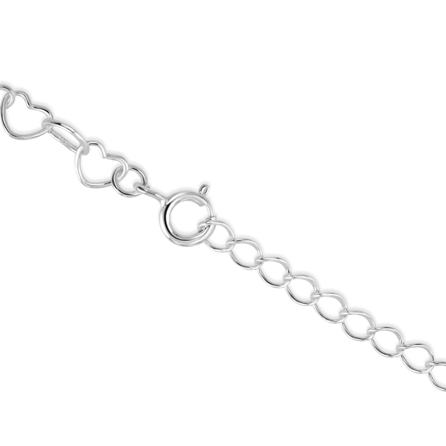 Sterling silver bracelet clasp detail with heart-shaped links and spring ring fastening.