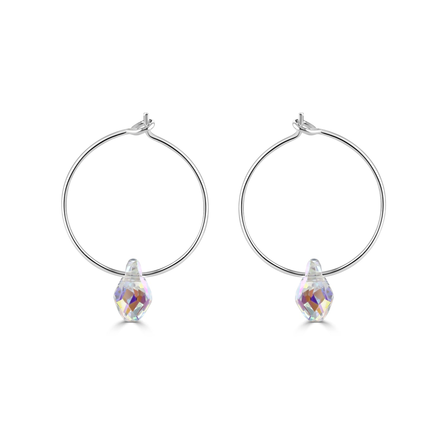 Sterling silver hoop earrings with a shimmering teardrop pendant and omega back latch.