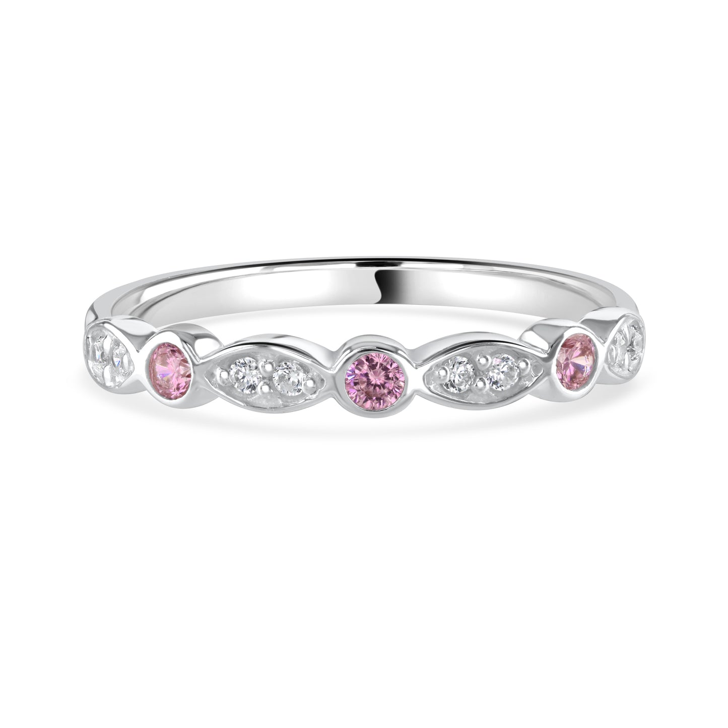 Sterling silver ring with inlaid pink and clear cubic zirconias, front view displayed.
