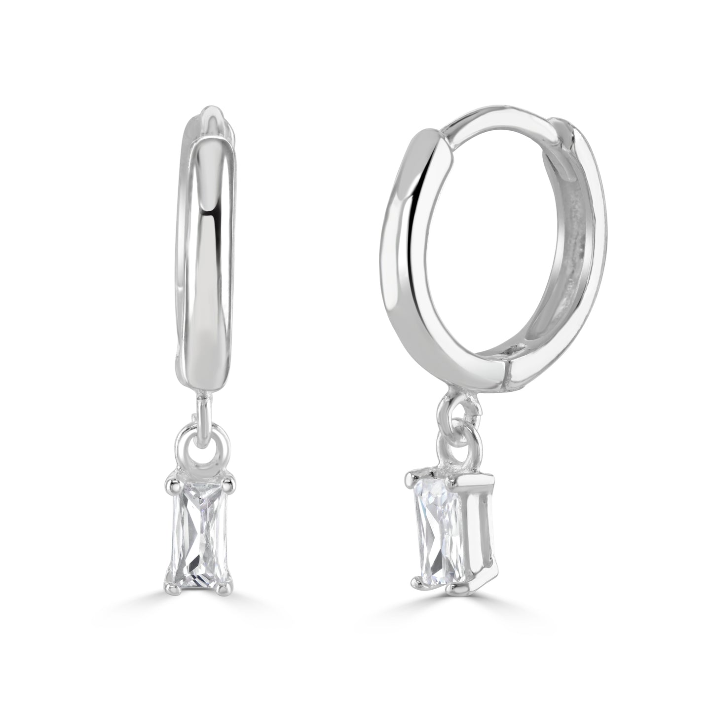 Silver hooped huggie earrings with baguette cut cubic zirconia gemstones dropping down.