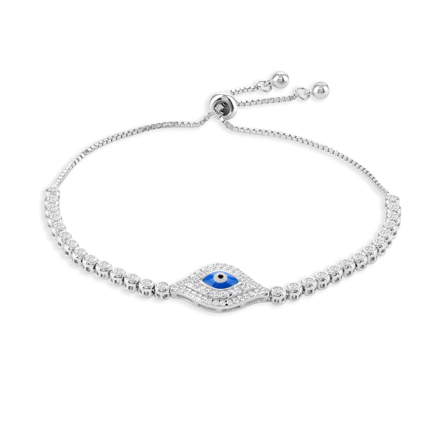 Sterling silver bracelet with evil eye pendant, cubic zirconia gemstones and adjustable toggle feature.