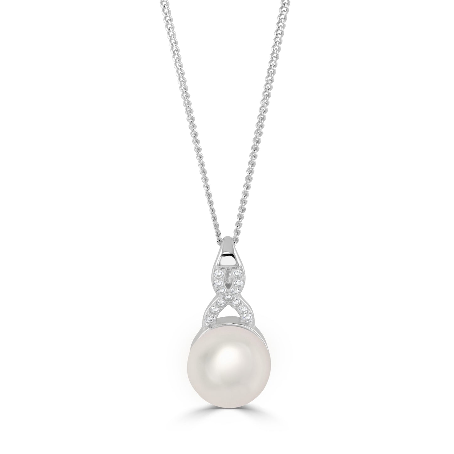 Freshwater pearl necklace attached to a cluster of cubic zirconia gemstones - necklace is in silver.