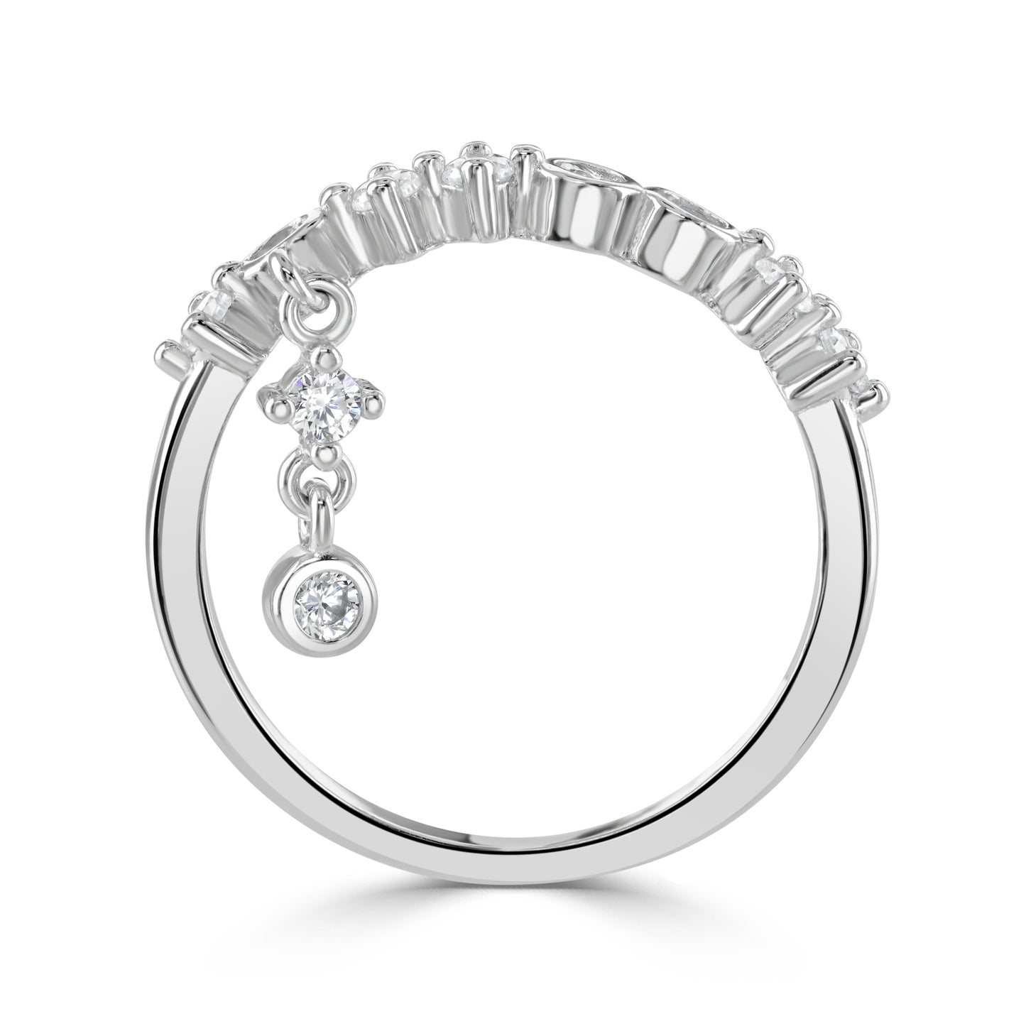 Silver ring stood upright with sparkling tassel detailing hanging down.