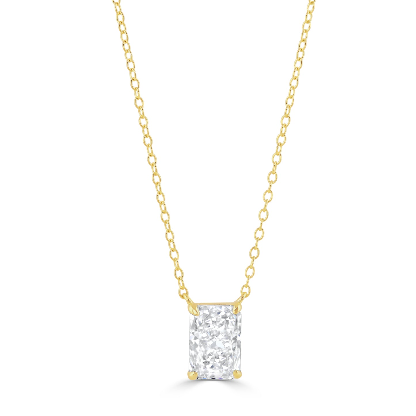 Gold cable chain necklace with a shimmering rectangular pendant.