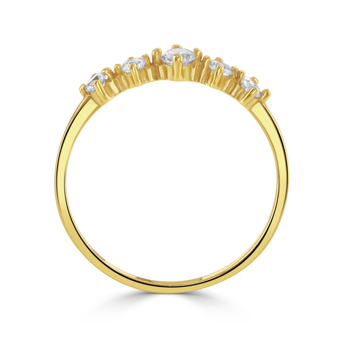 Gold ring stood upright with five clear cubic zirconia gemstones.