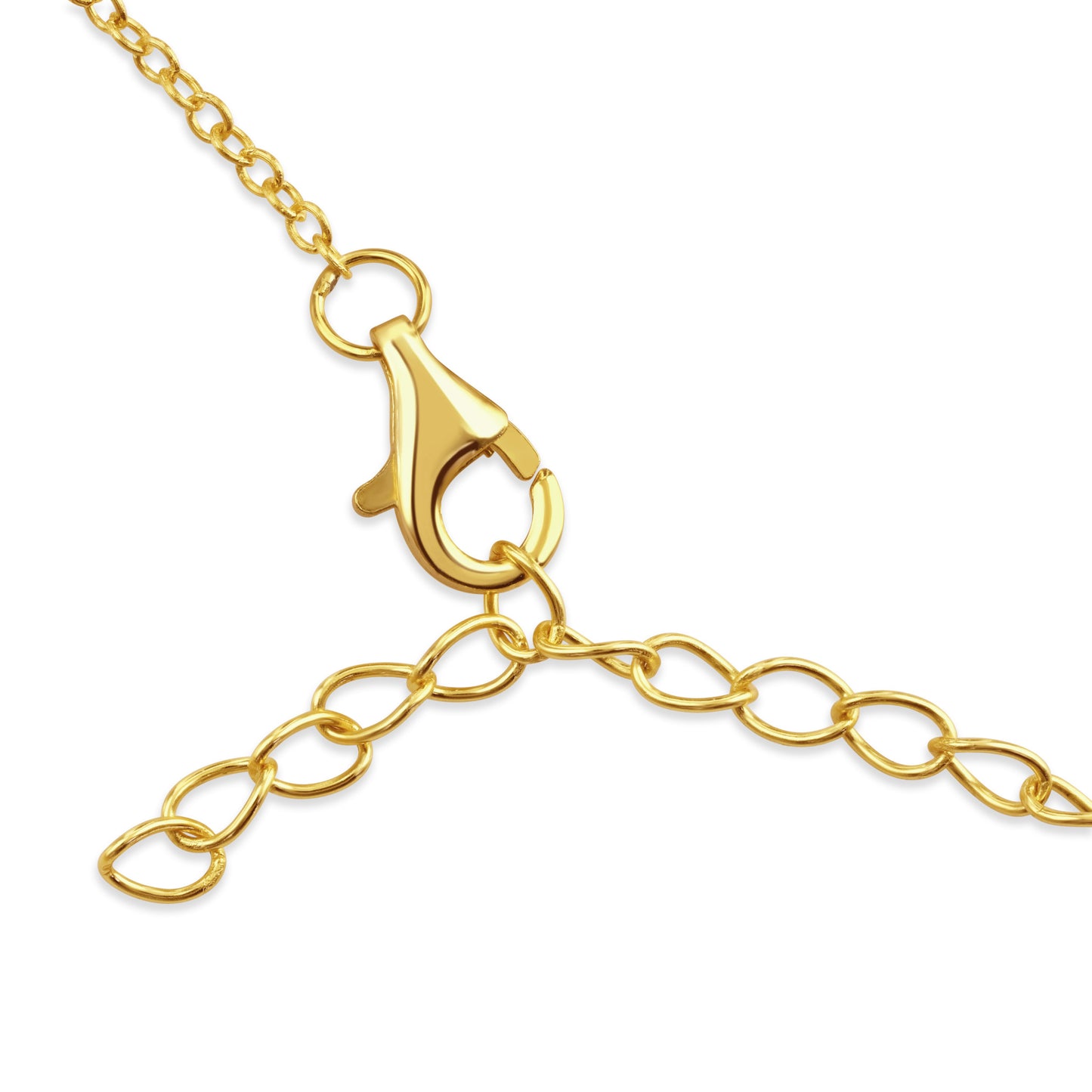 Close up details of a gold lobster claw clasp necklace closure.