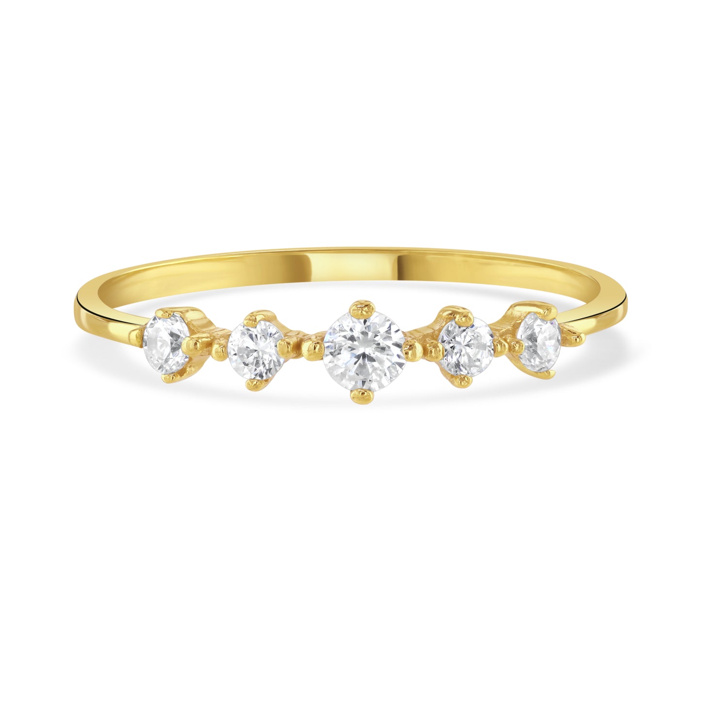 Front facing view of the clear sparkling gemstones on the band of a gold ring.