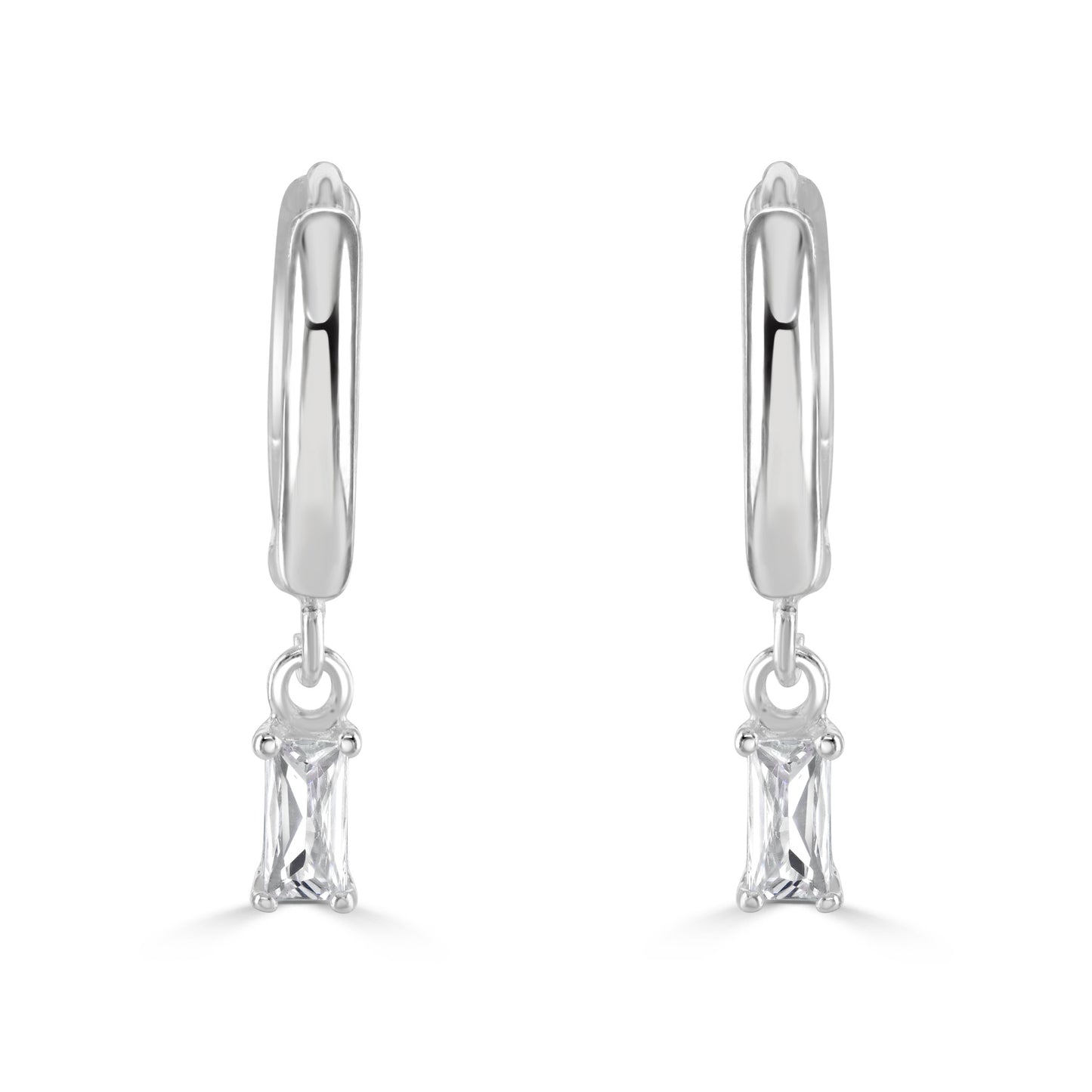 Silver huggie hoop earrings with clear rectangular cubic zirconia gemstone pendants.