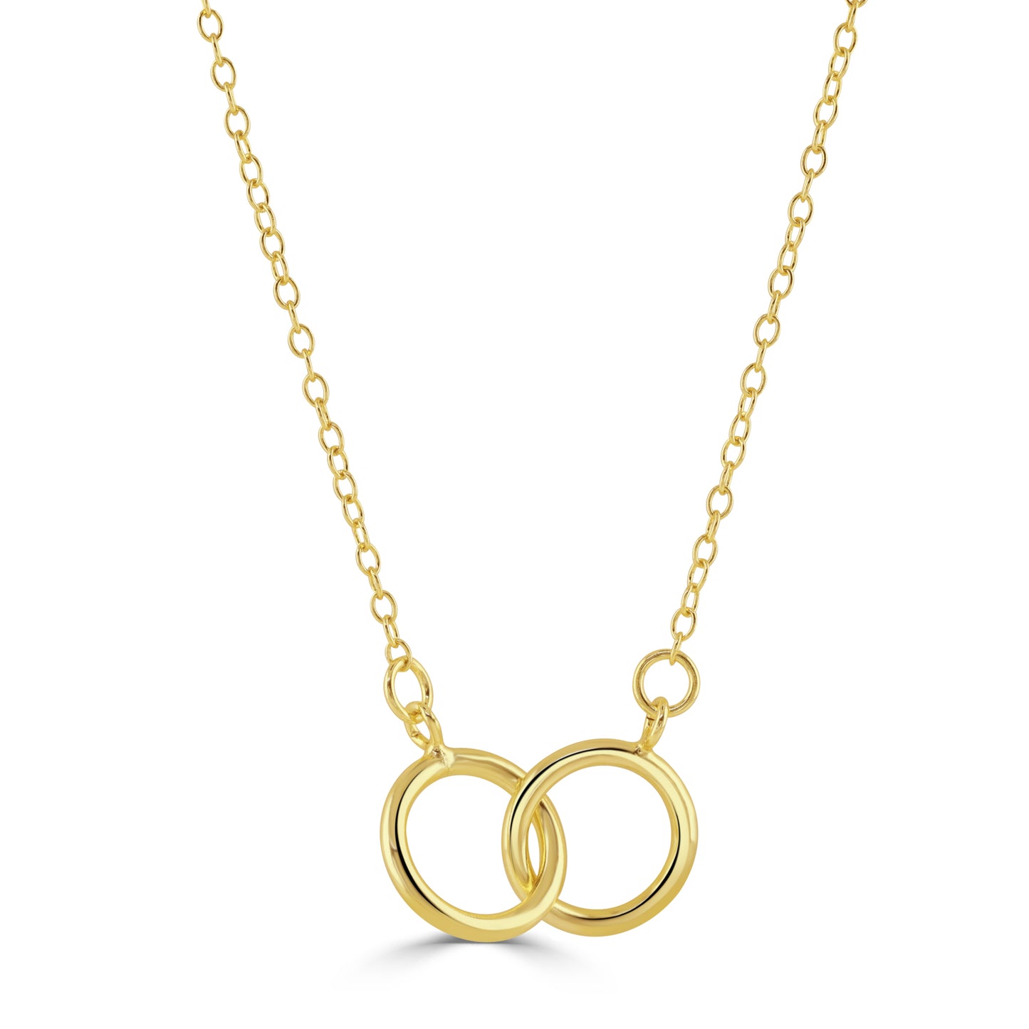 Gold cable chain necklace with modern double hoop charm pendant.