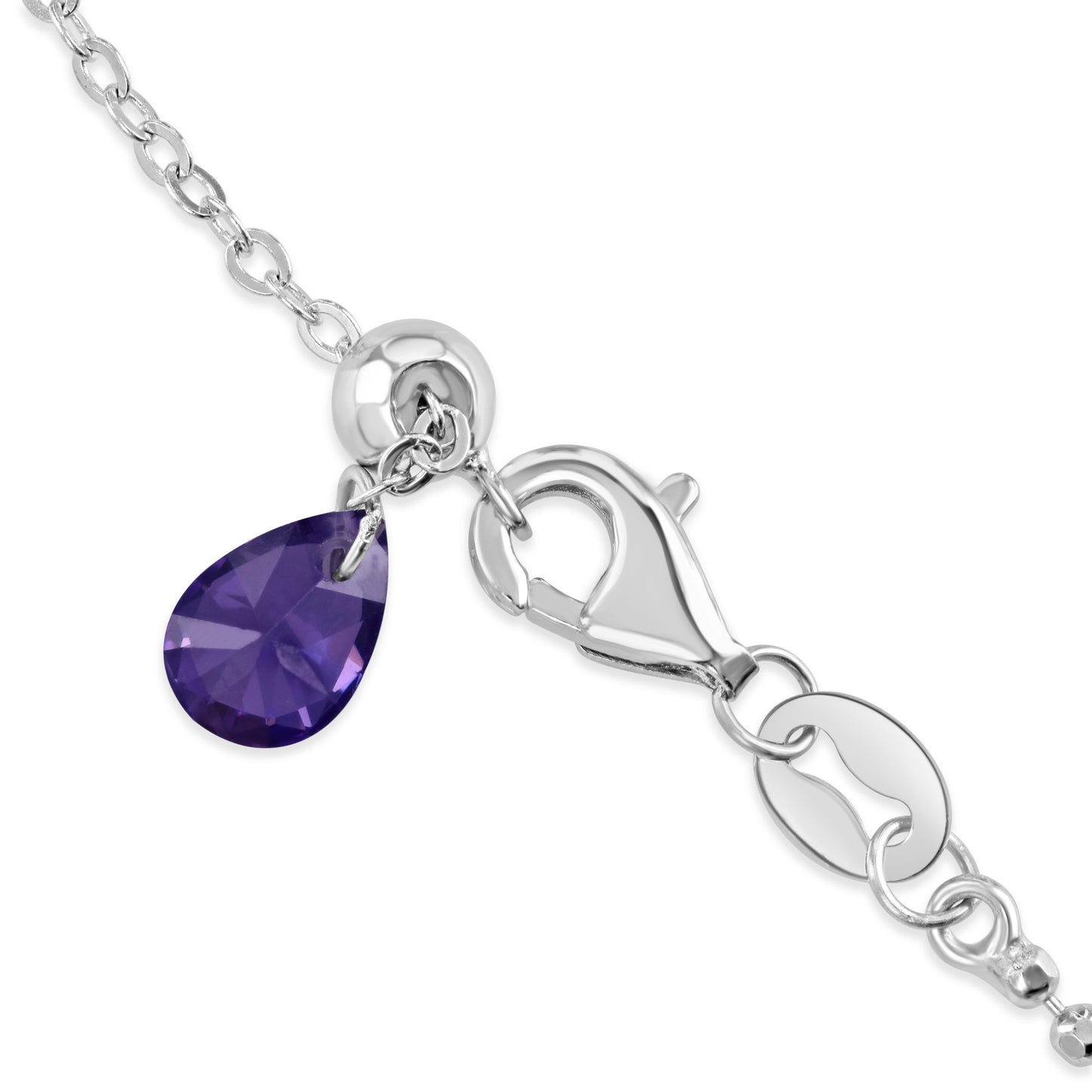 Close up detailing of silver lobster claw clasp on bracelet with sparkling purple teardrop charm.