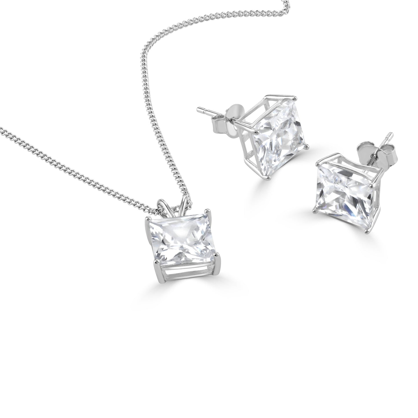 Sterling silver necklace and matching earrings with clear square cut cubic zirconia gemstones.