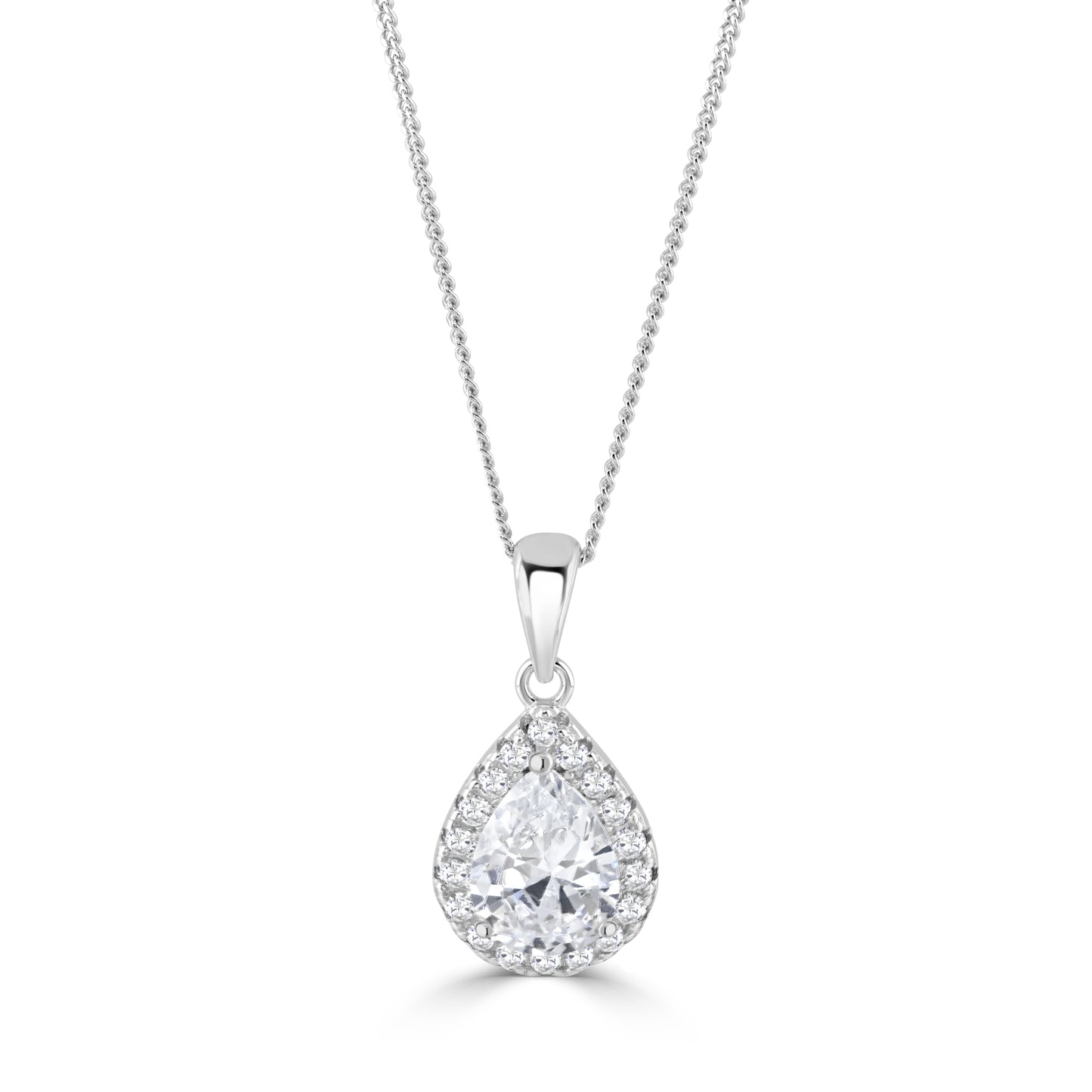 Silver necklace with a cubic zirconia encrusted pear shaped pendant.