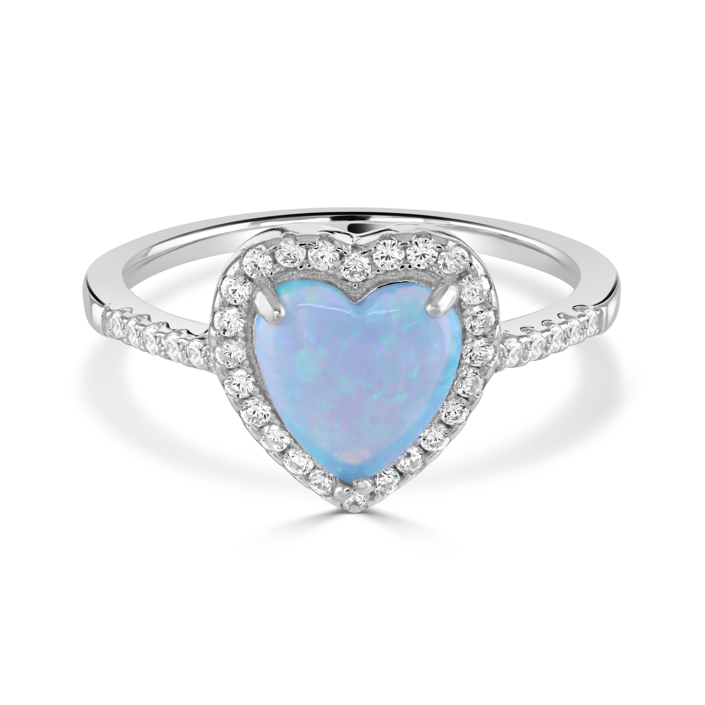 A sterling silver ring with blue heart shaped opal surrounded by clear cubic zirconia gemstones.
