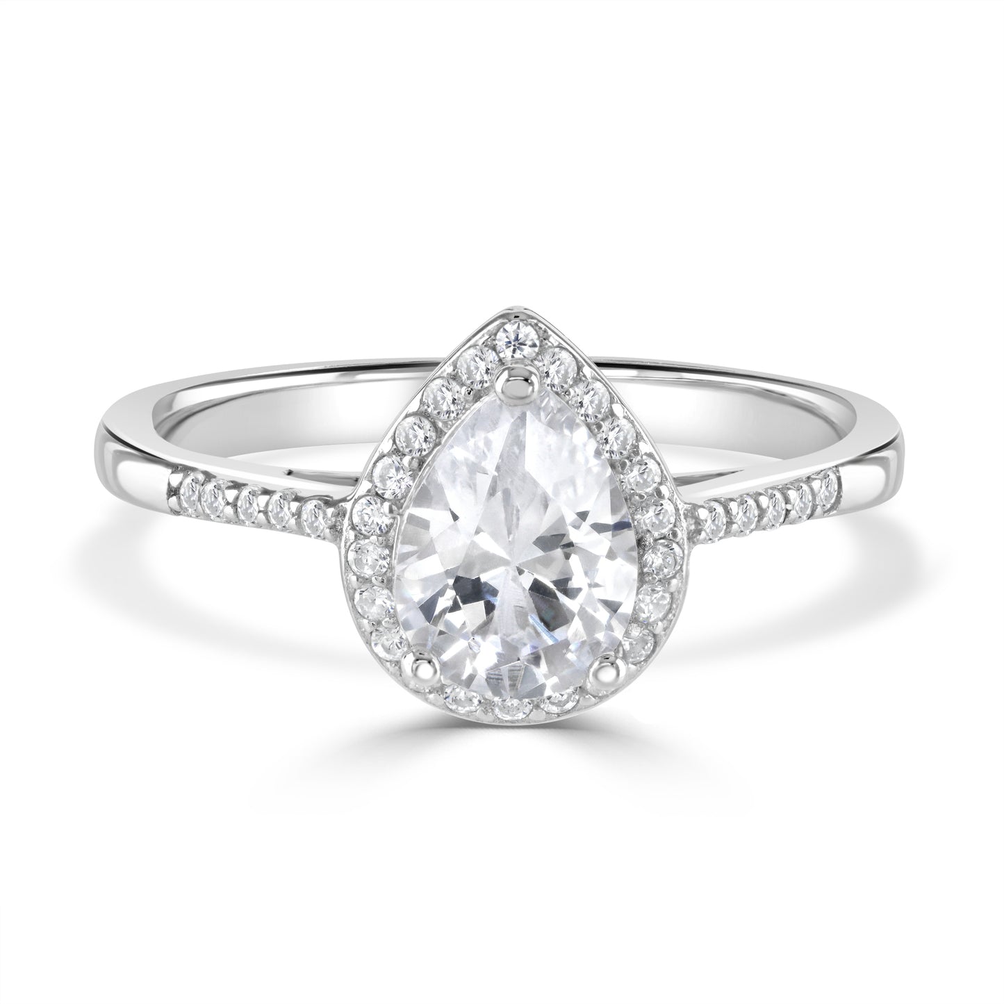 Sterling silver ring with pear shaped cubic zirconia gemstone surrounded by smaller gemstones.