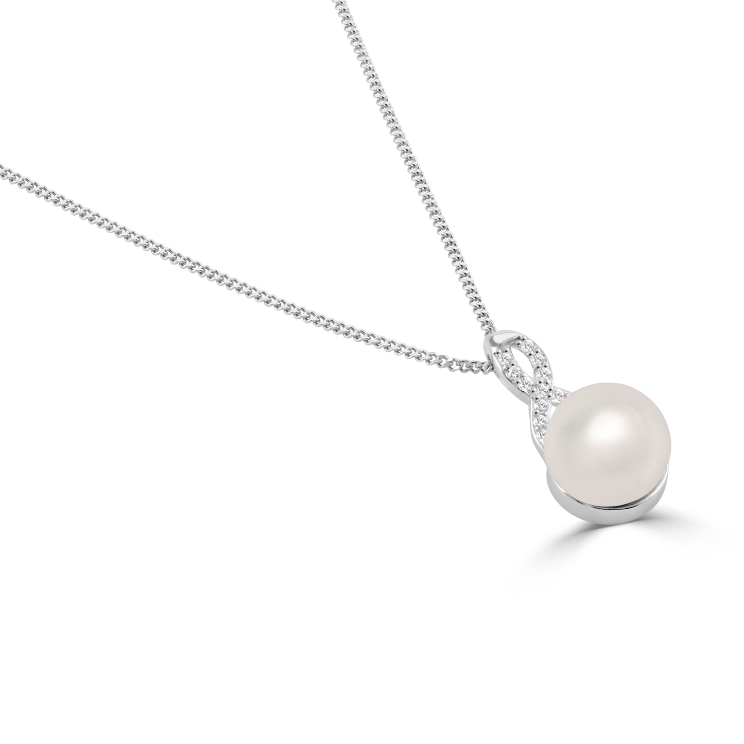 Sterling silver necklace with freshwater pearl and cubic zirconia cluster pendant.