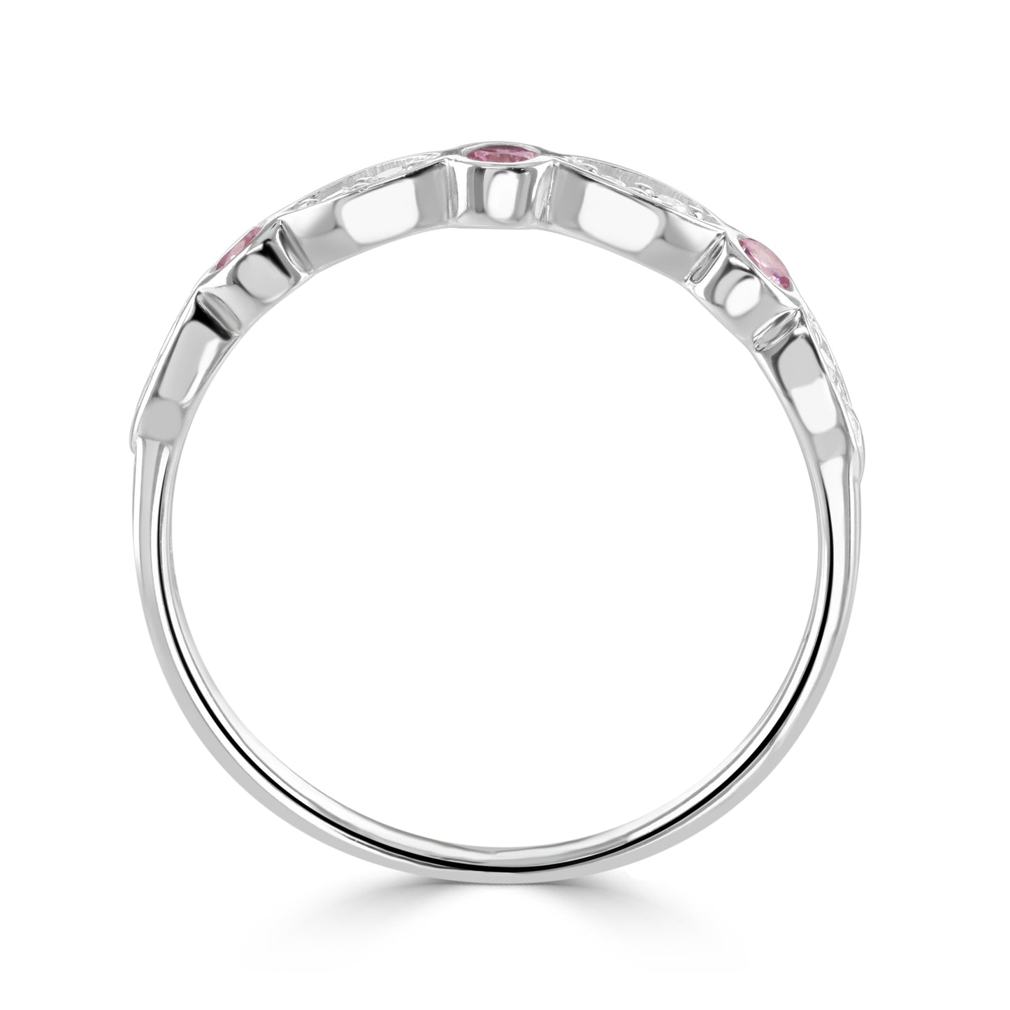 Sterling silver ring standing upright with pink and clear cubic zirconia gemstones set into the band.