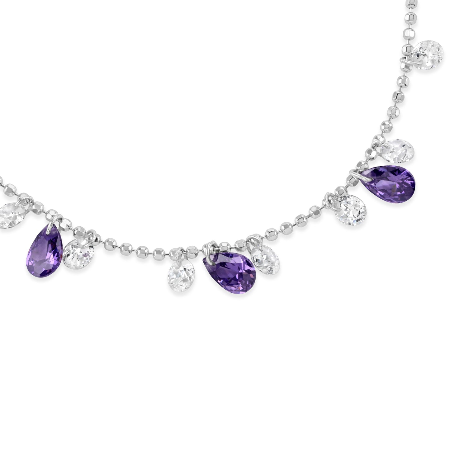 Close up detailing of purple and clear teardrop shaped gemstones on a sterling silver ball chain bracelet.