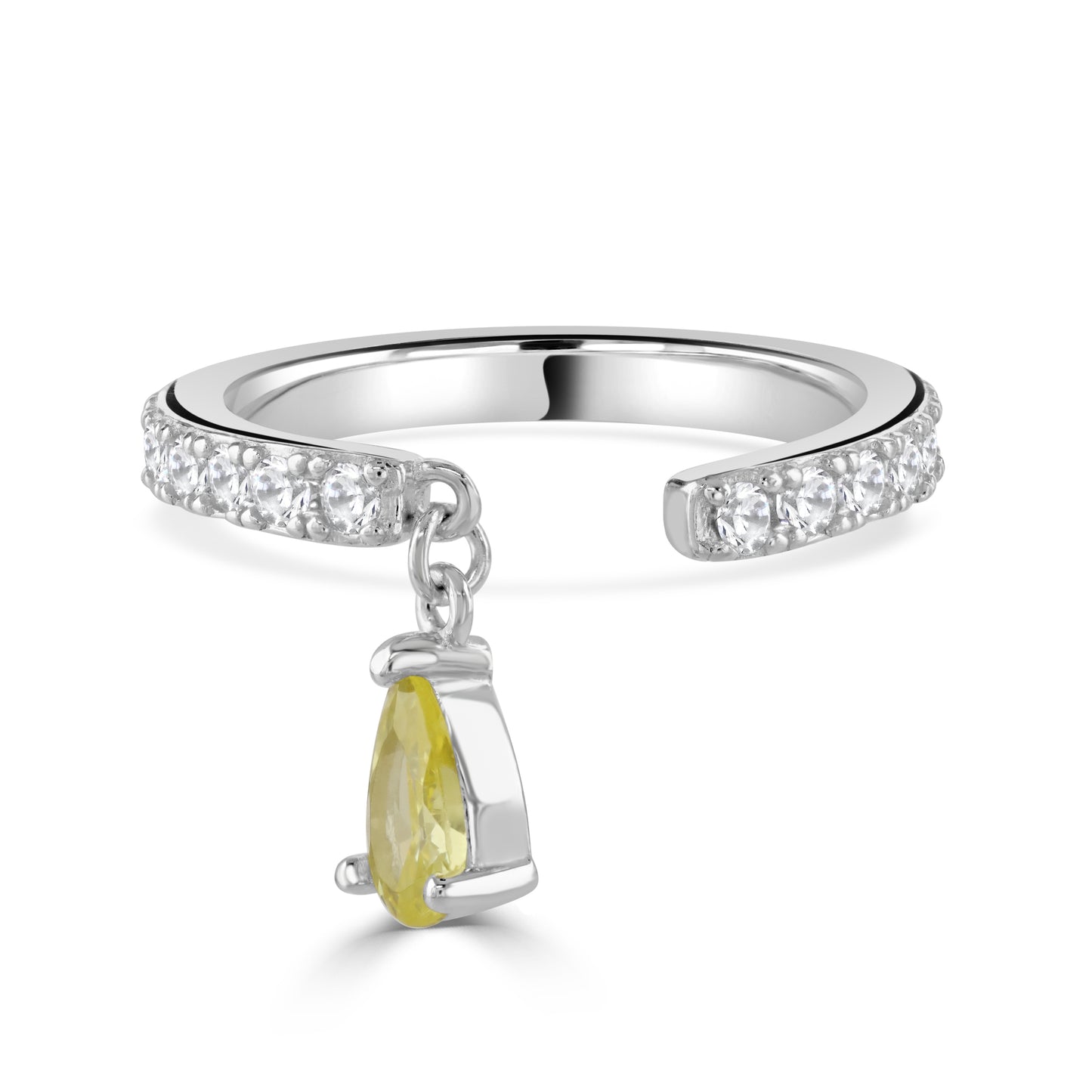 Silver ring with band-set cubic zirconias, yellow teardrop dangle, and central adjustment gap