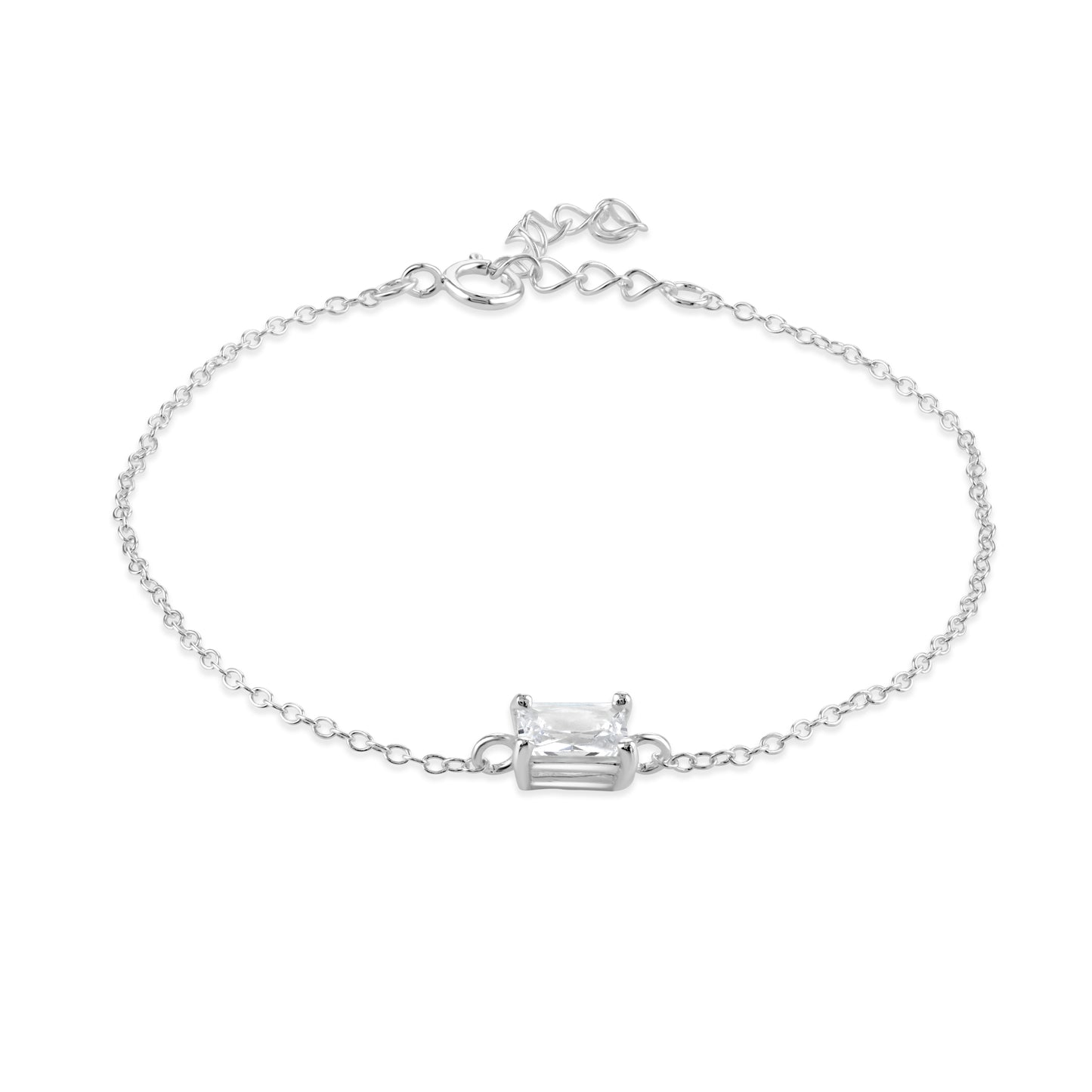Sterling silver chain bracelet with rectangular gemstone pendant and spring ring clasp.