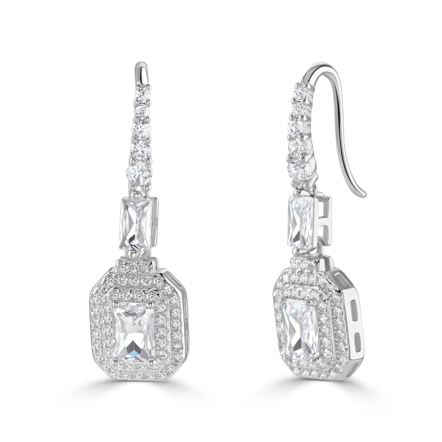 Pair of sterling silver drop earrings covered in cubic zirconia gemstones with French wire hook clasps.