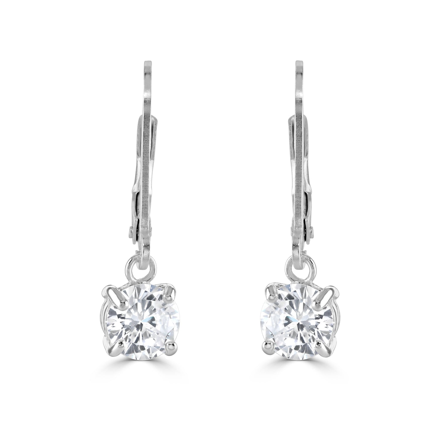 A pair of beautiful sterling silver drop earrings with dangling round cubic zirconia stones.