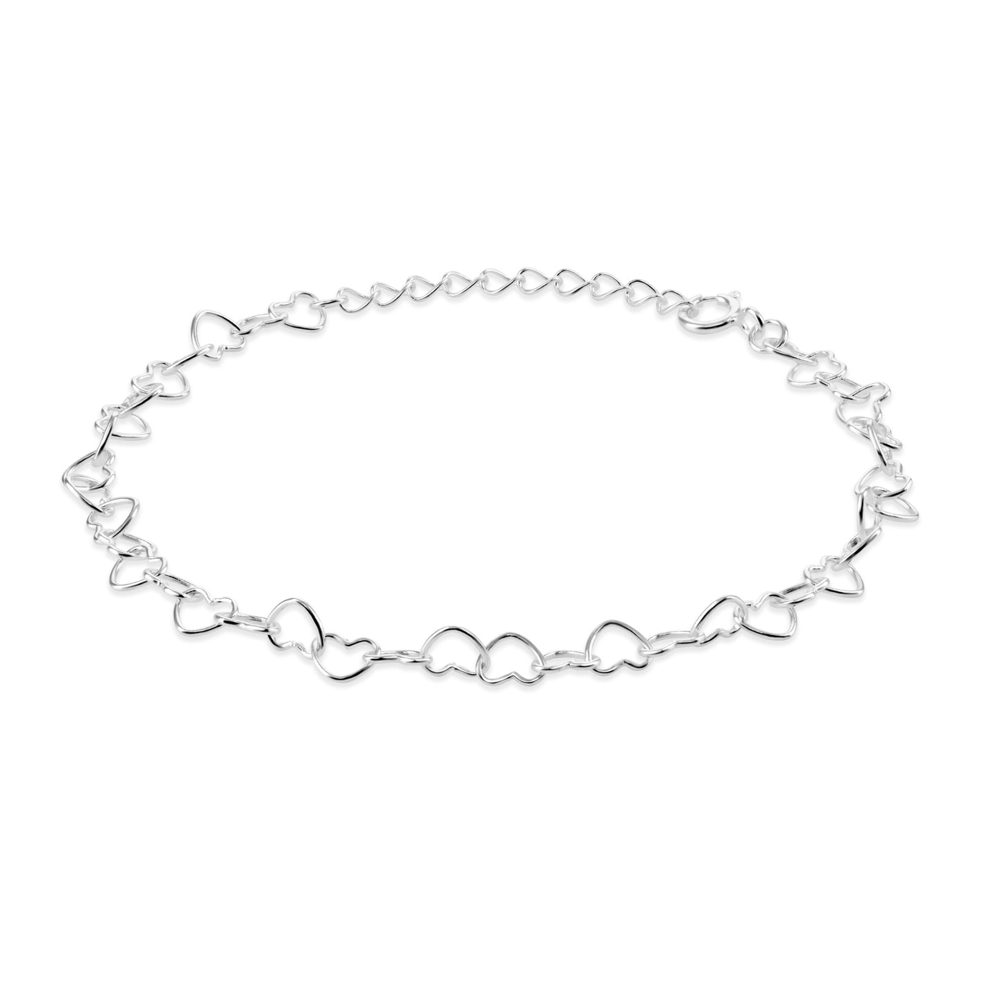 Silver hearts linking together to form a bracelet with extendable chain and spring ring clasp.