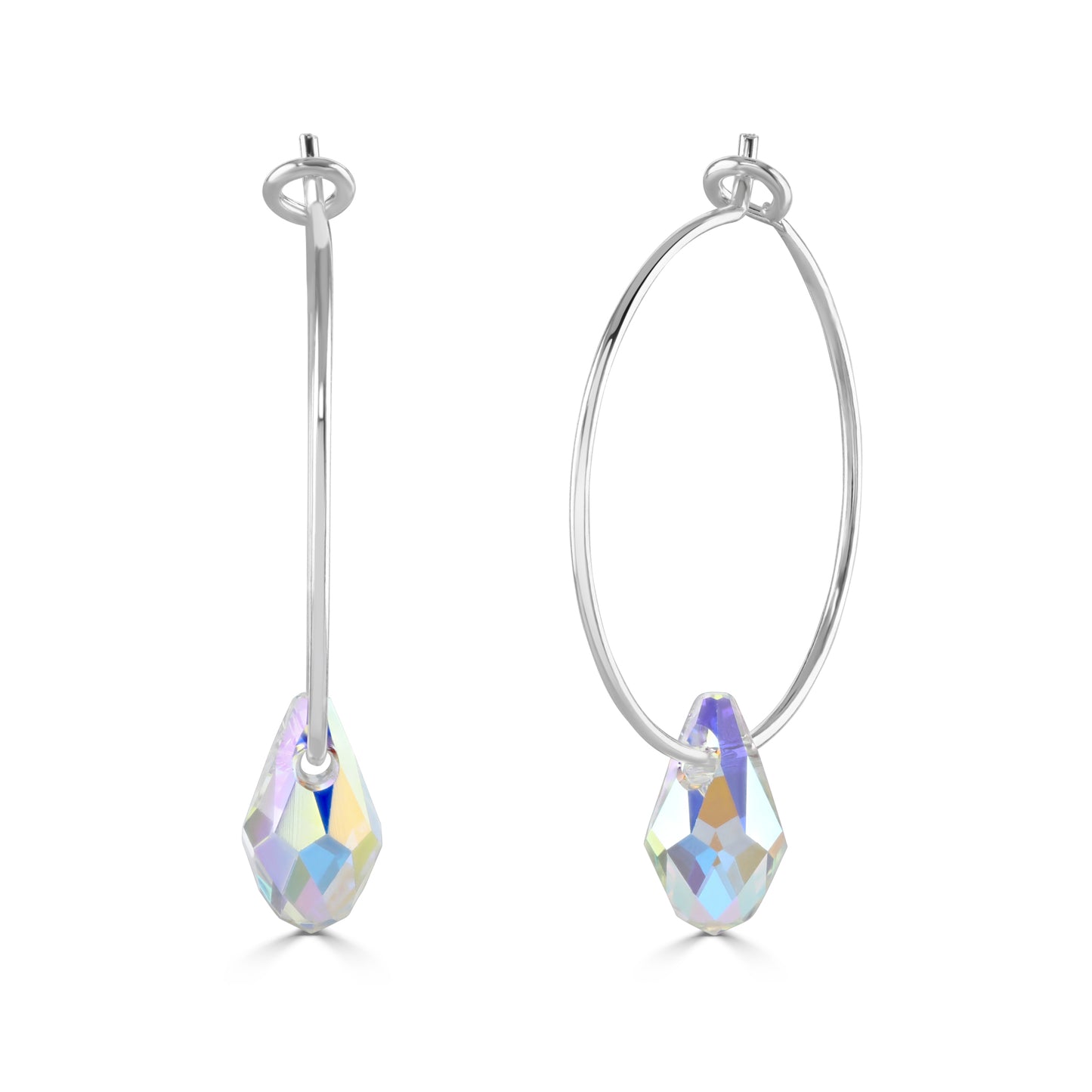Hoop earrings made from 925 sterling silver with a teardrop shaped crystal droplet.