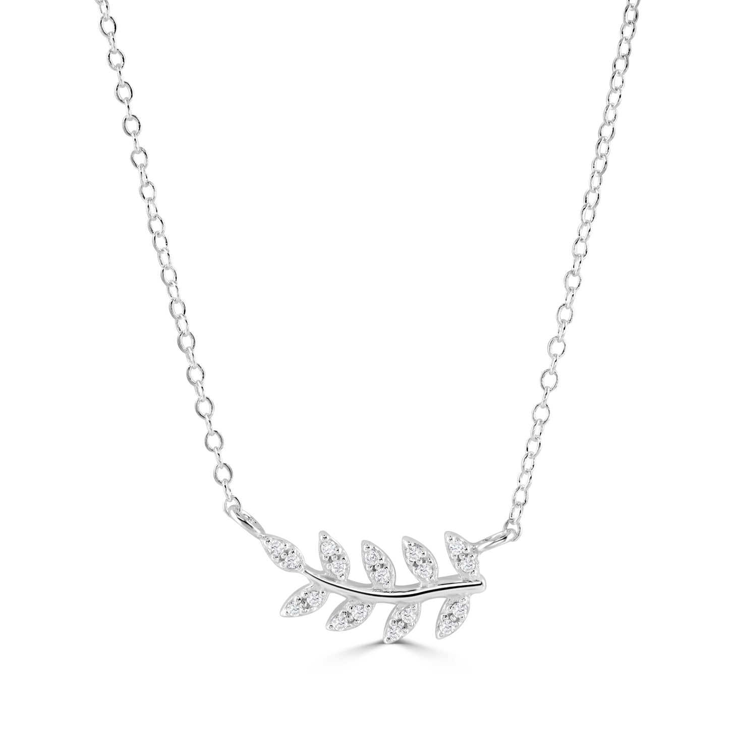 Sterling silver necklace with sparkling leaf pendant on a silver cable chain.