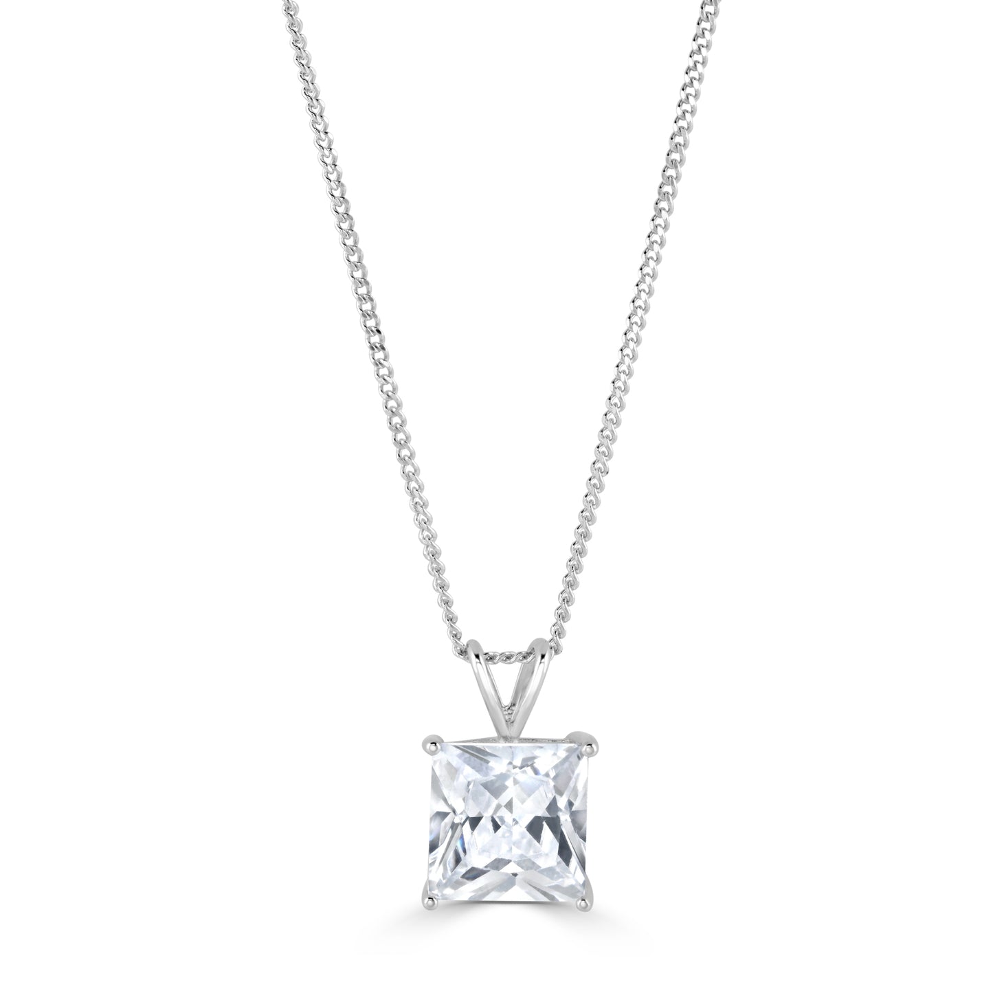 Sterling silver necklace with square cut sparkling pendant.