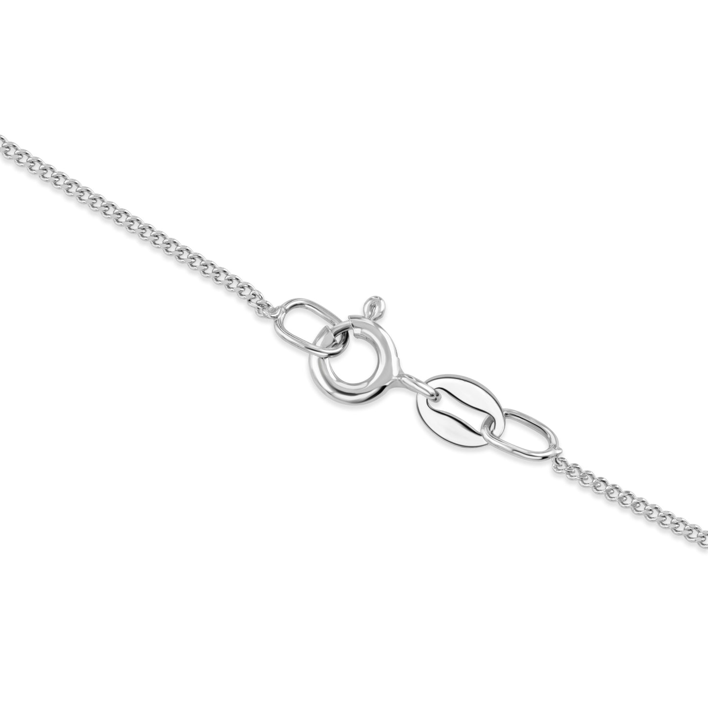 A close up of a sterling silver spring ring clasp for a necklace.
