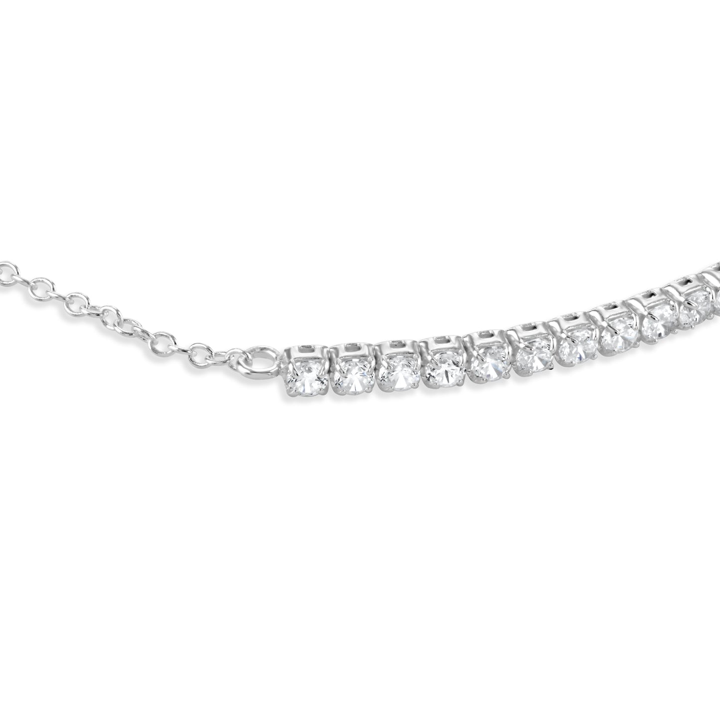 Close-up of half tennis bracelet in sterling silver with cubic zirconia details.