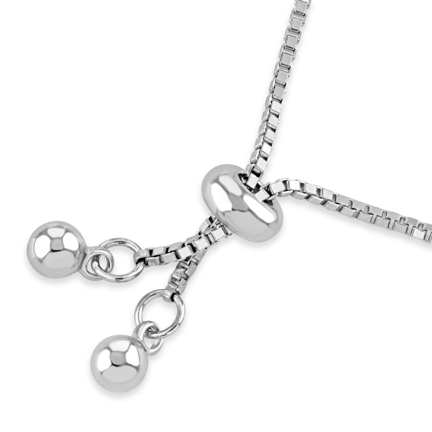 Sterling silver toggle slider on a box chain, used to adjust the evil eye bracelet.