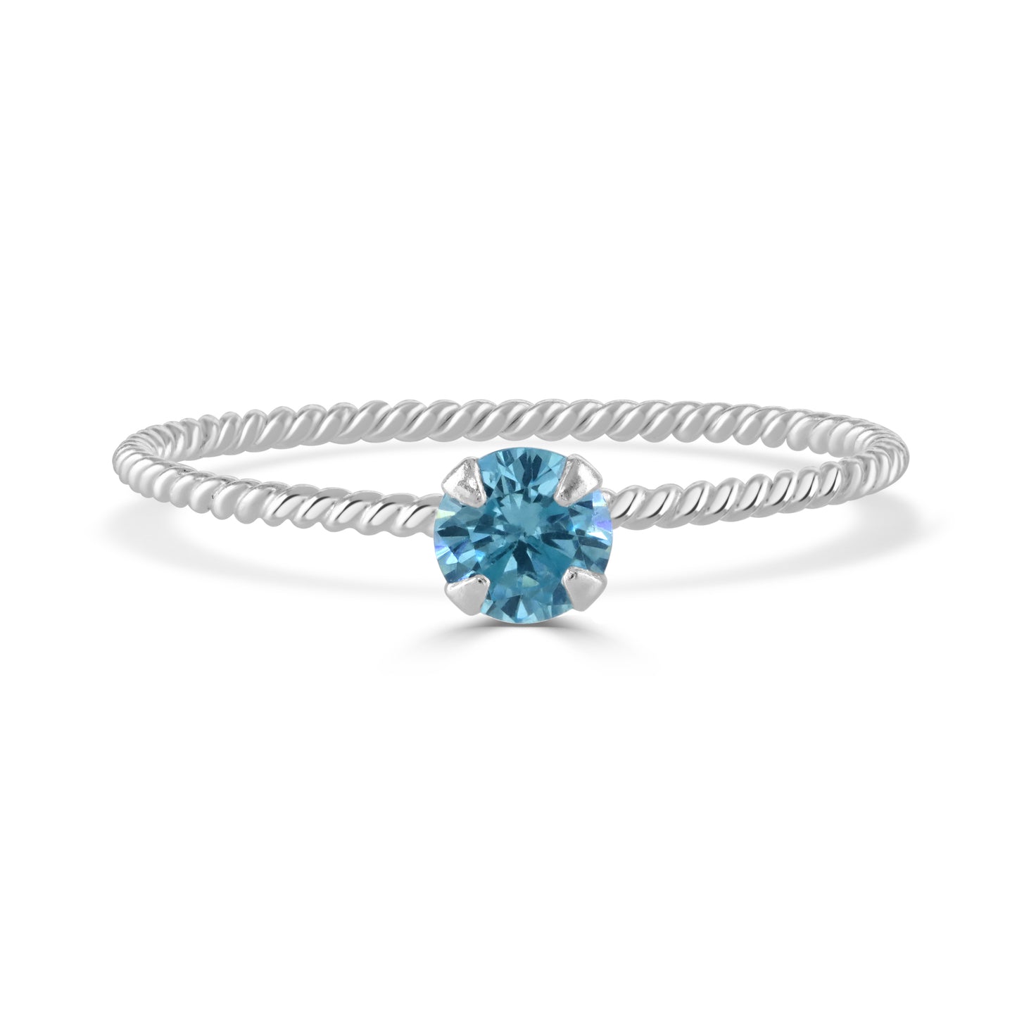 Delicate sterling silver ring with a twisted design band and soft blue gemstone.