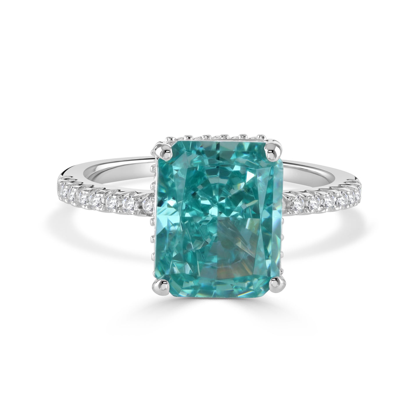 Eye-catching silver ring with turquoise centre and glittering gemstone accents on upper band.