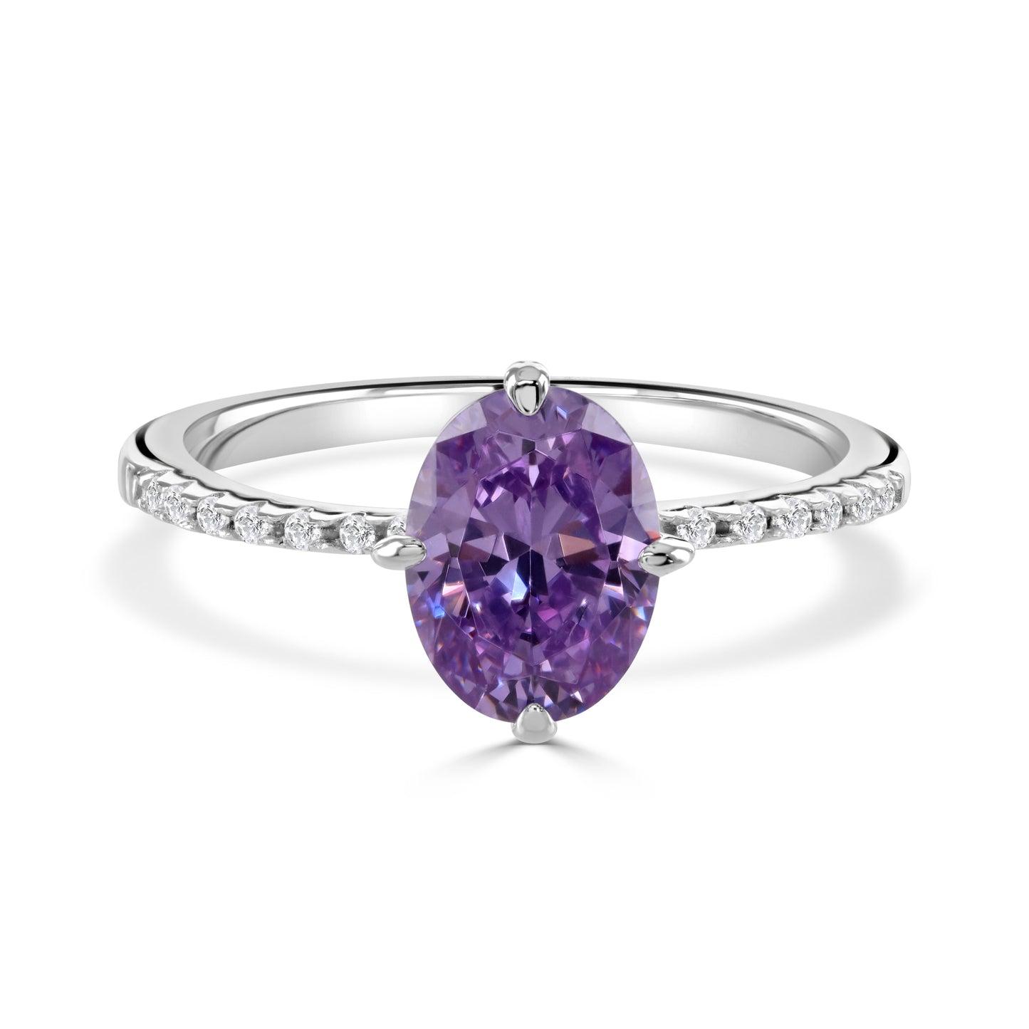 Purple oval shaped sparkling gemstone on a silver ring with clear cubic zirconia accent.