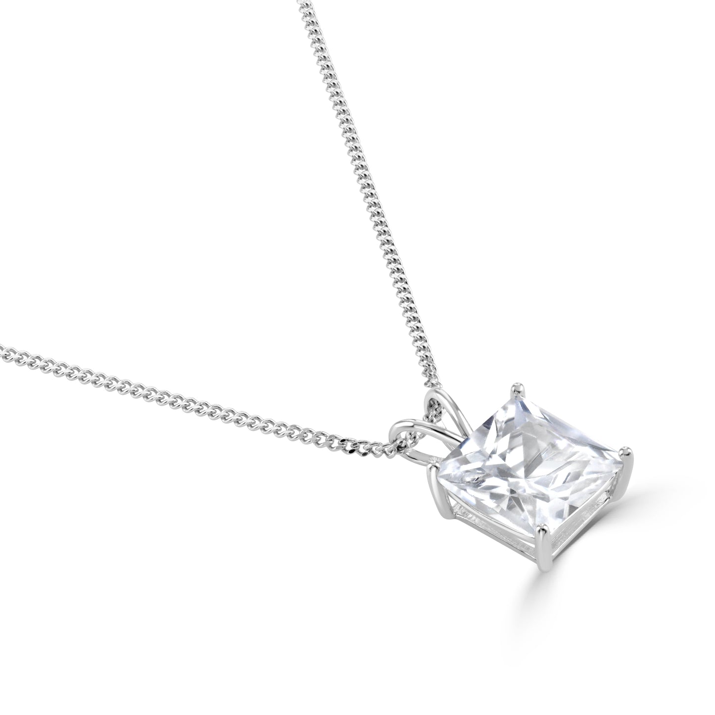 Cubic zirconia square gemstone pendant on a silver curb chain.