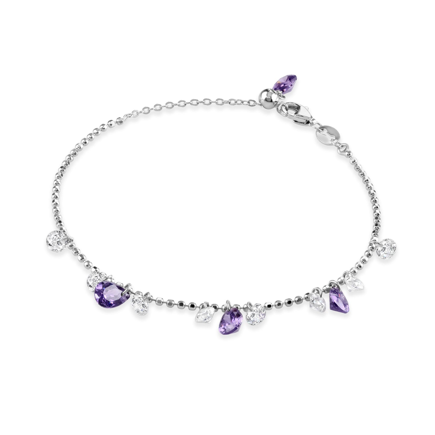 Sterling silver ball chain bracelet with clear and purple cubic zirconia tear drop shaped charms.