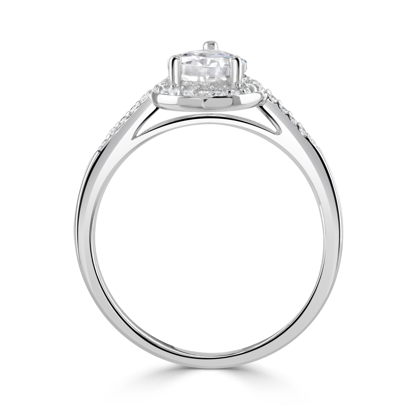 Sterling silver ring displayed upright to highlight the head and shank with cubic zirconia accents.
