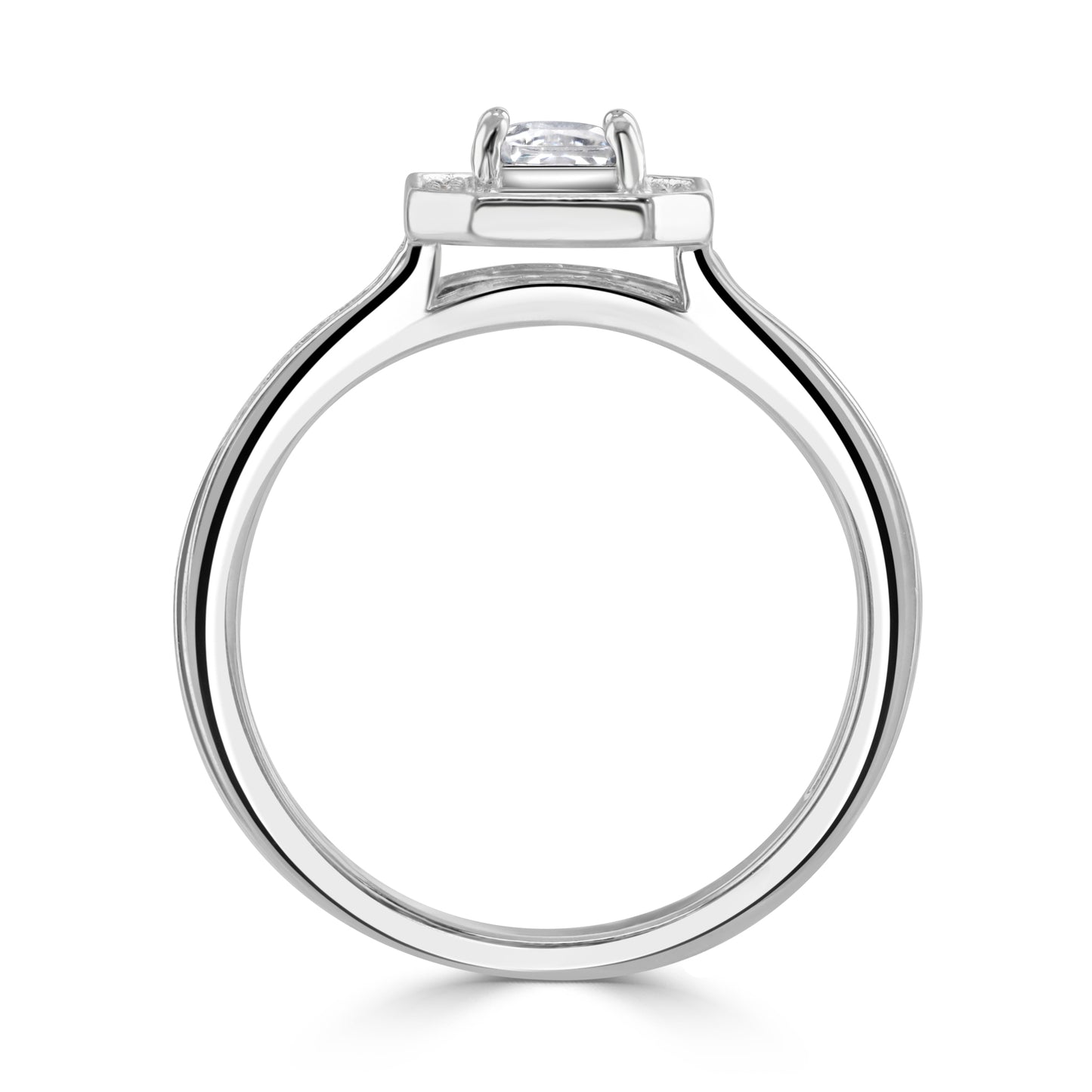 Silver ring stood upwards showing the shank, bridge and the delicate details of the head of the ring.