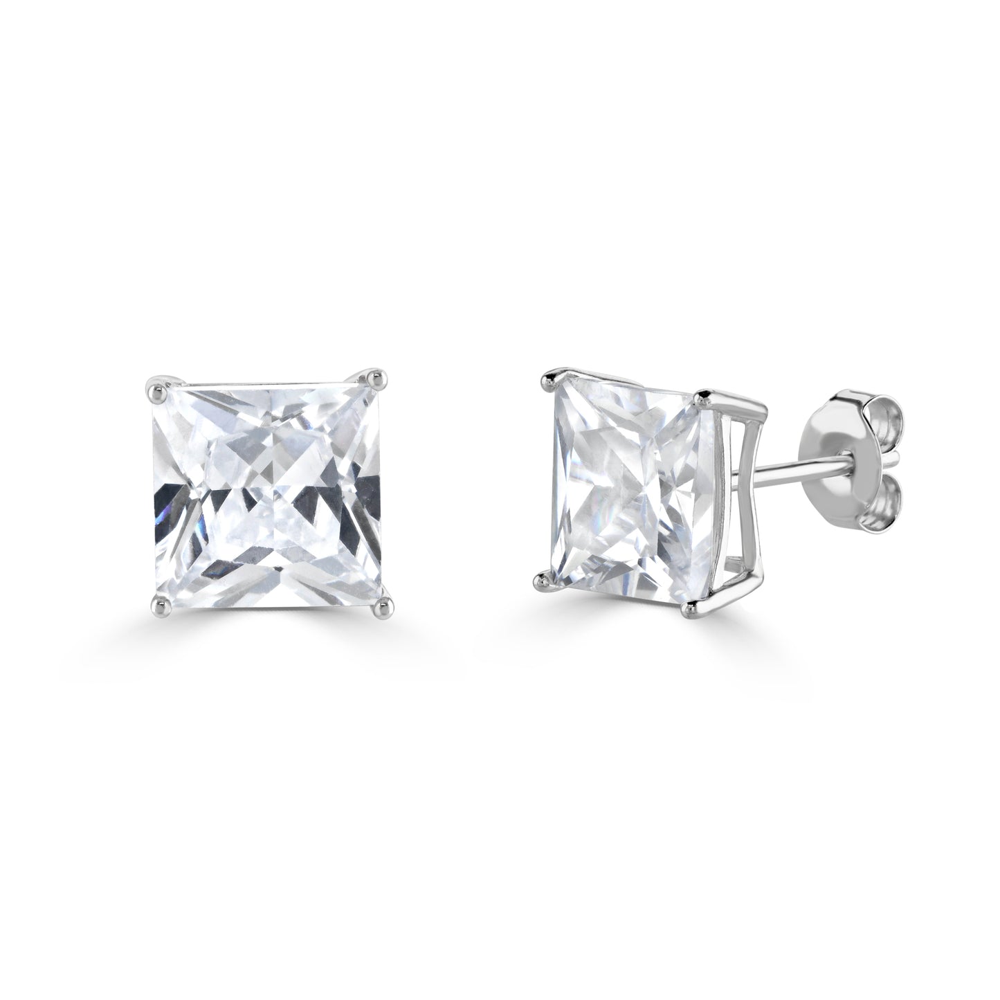 Sterling silver stud earrings with clear square cut cubic zirconia gemstones, side view shows the earring has a butterfly back.