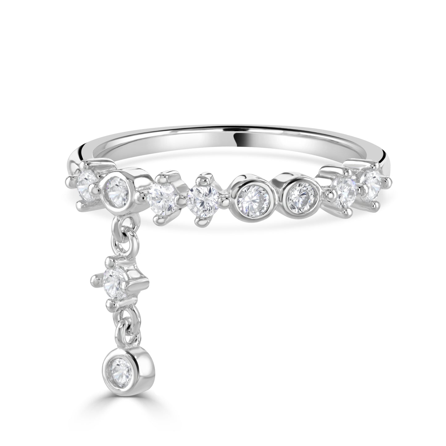 Close up of the cubic zirconia gemstone details on a silver ring with added tassel hanging down.