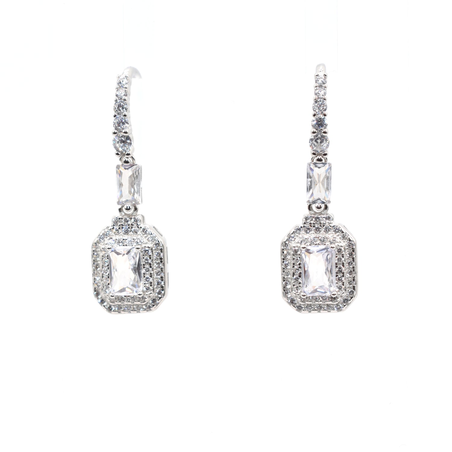 Beautiful 925 sterling silver drop earrings, featuring clear cubic zirconia gemstones, including two larger rectangular gemstones. 