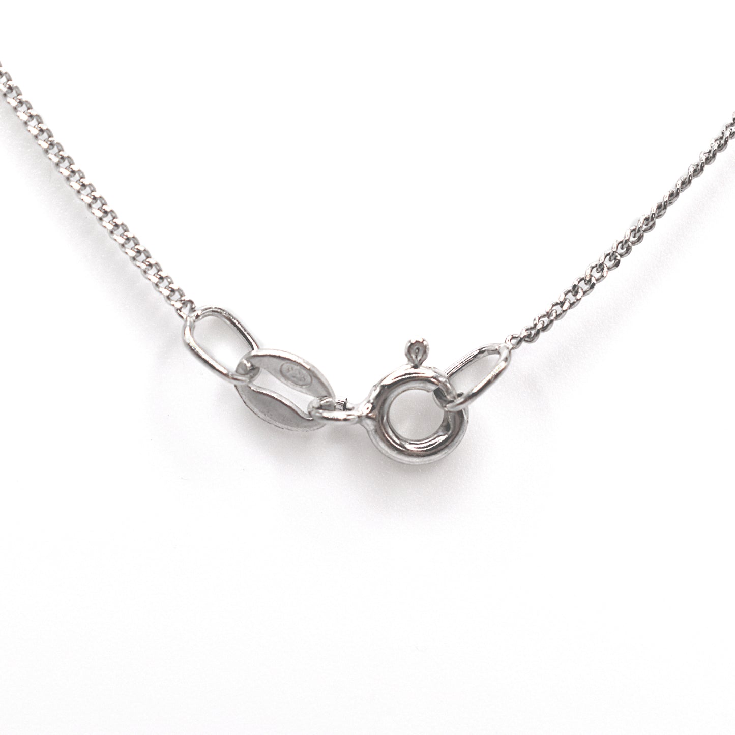 Back of the necklace showing a sterling silver spring ring clasp with 18" curb chain.