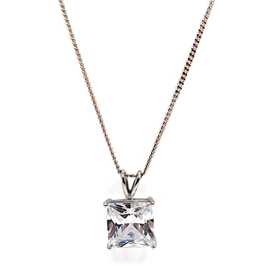 A classic square cut cubic zirconia gemstone pendant on an 18 inch curb chain necklace. 