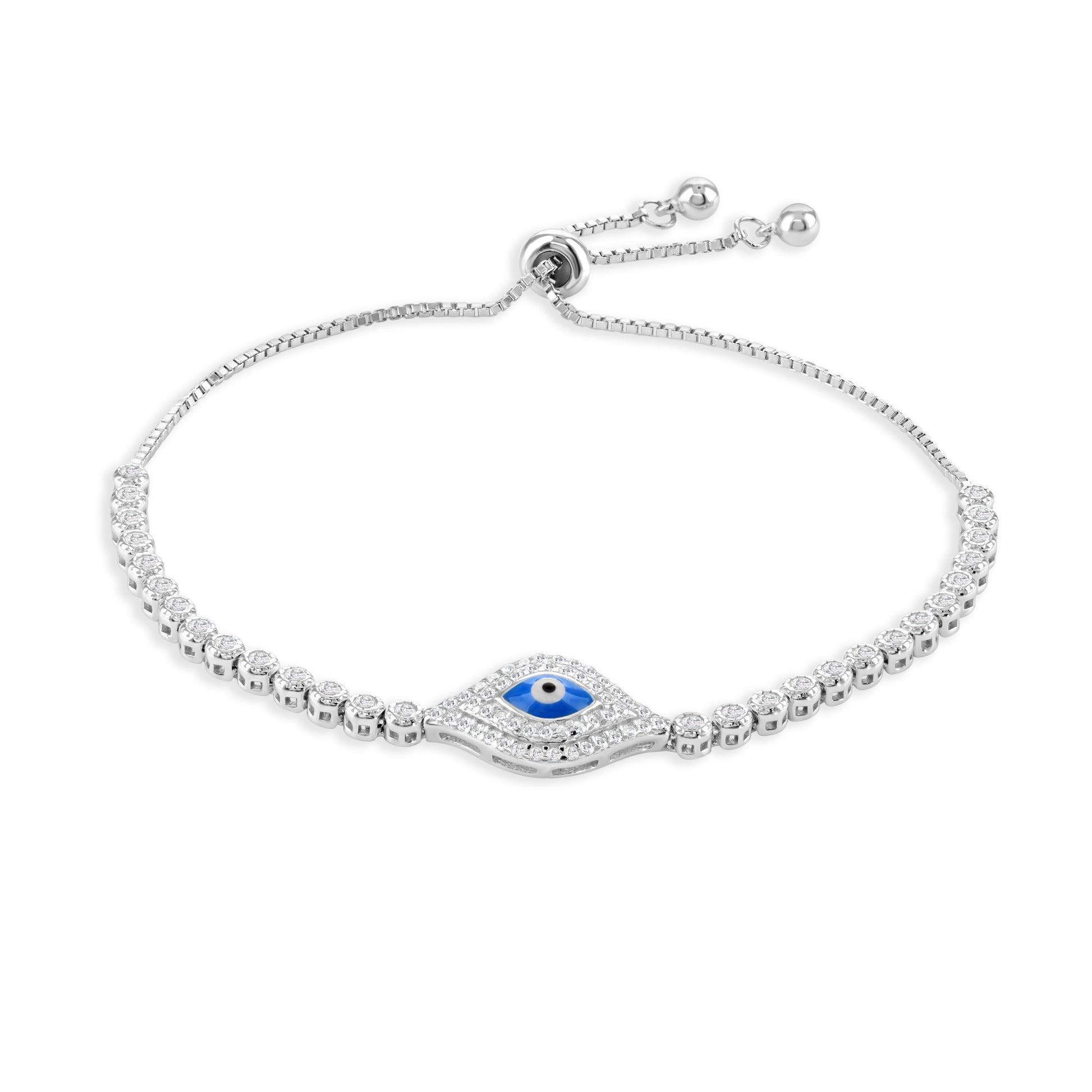 Sterling silver bracelet with evil eye pendant, cubic zirconia gemstones and adjustable toggle feature.