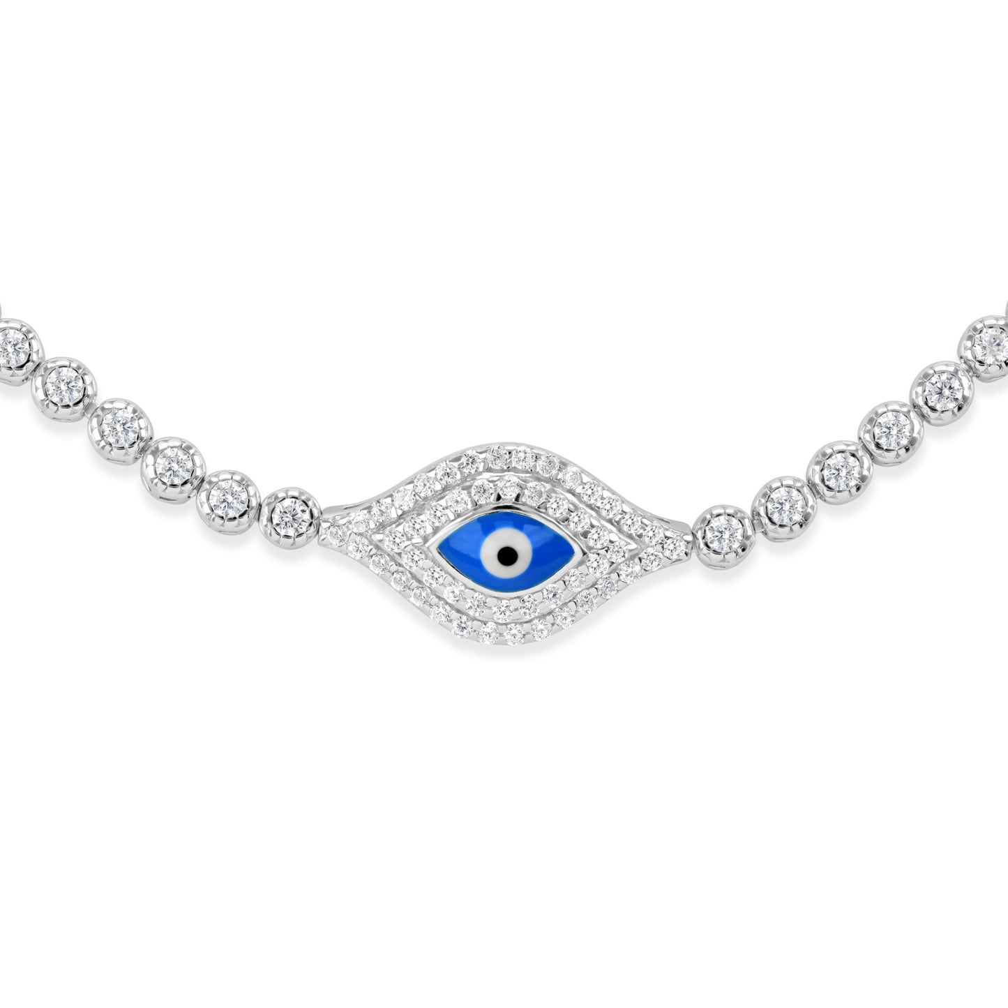 Evil eye pendant on a bracelet, the evil eye features the blue whilst surrounded by clear cubic zirconia gemstones. 