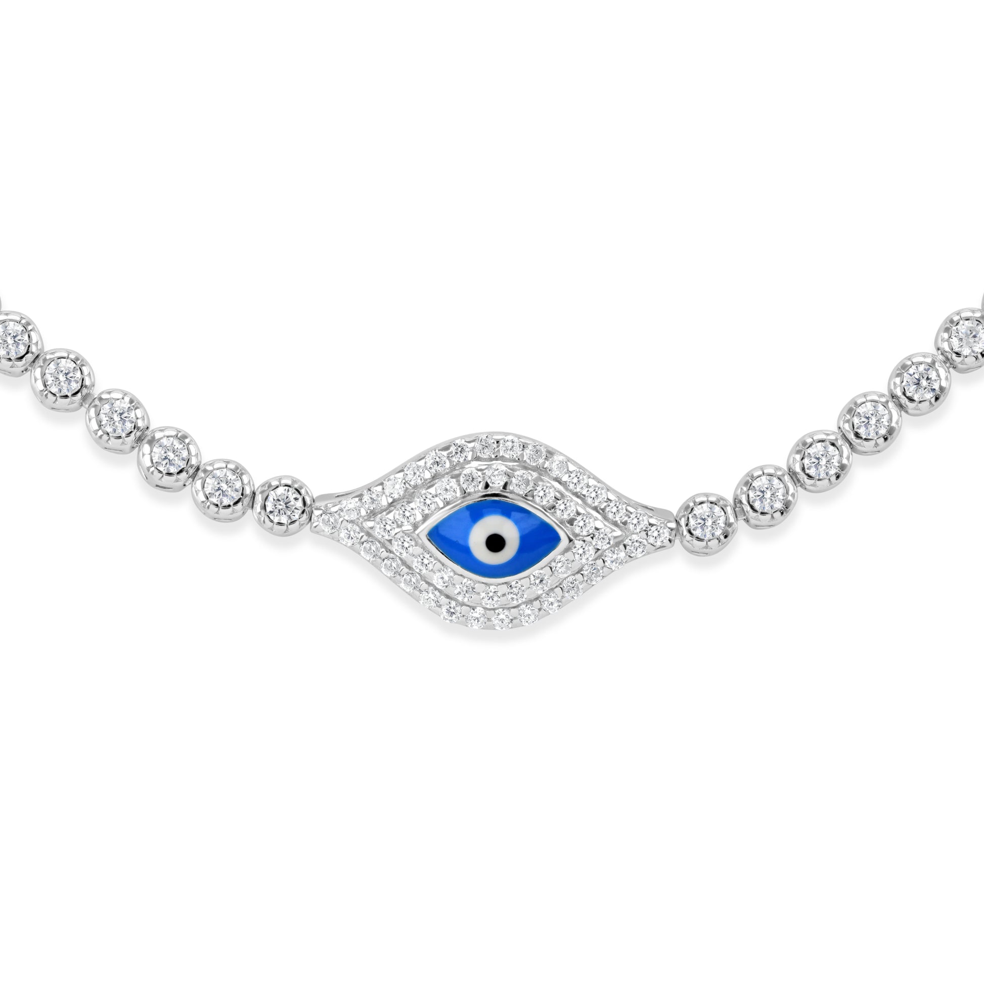 Evil eye pendant on a bracelet, the evil eye features the blue whilst surrounded by clear cubic zirconia gemstones. 