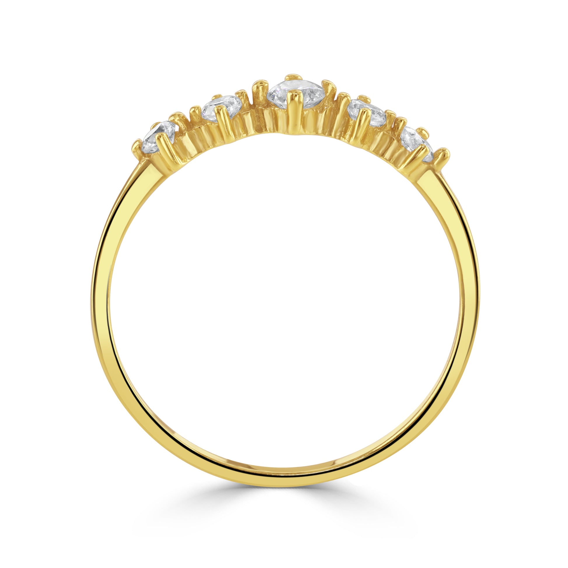 Gold ring stood upright with five clear cubic zirconia gemstones. 
