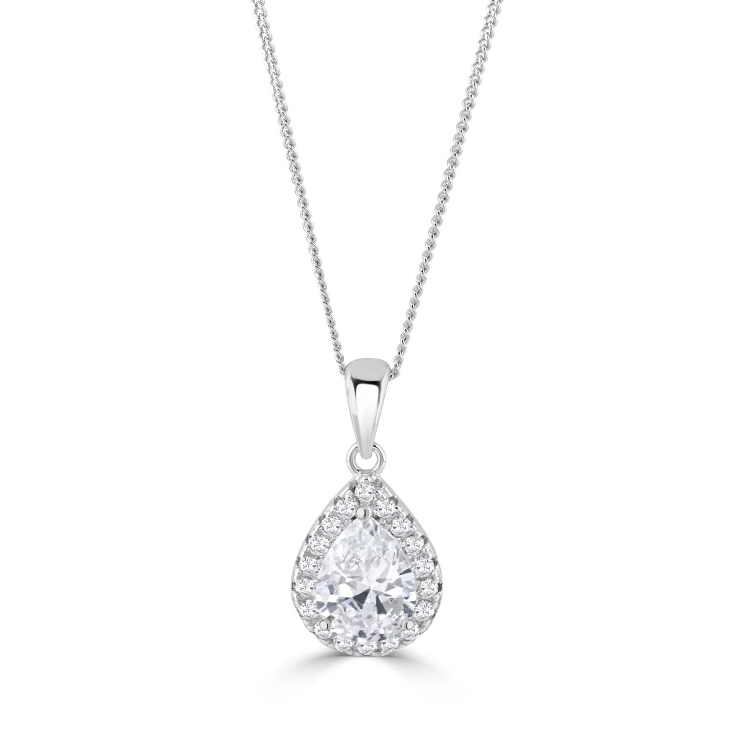Silver necklace with a cubic zirconia encrusted pear shaped pendant. 